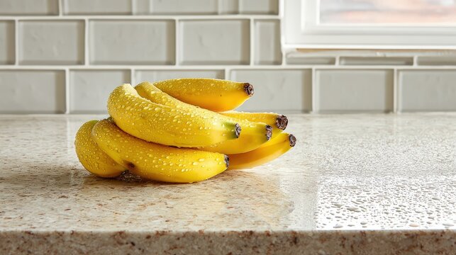 Ripe yellow bananas covered in small droplets rest upon a speckled kitchen counter surface