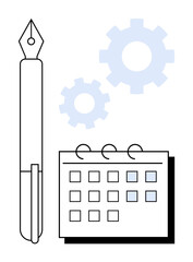 Pen next to a calendar with highlighted days and gears in the background. Ideal for planning, productivity, strategy, time management, workflow, organization, scheduling, simple flat metaphor
