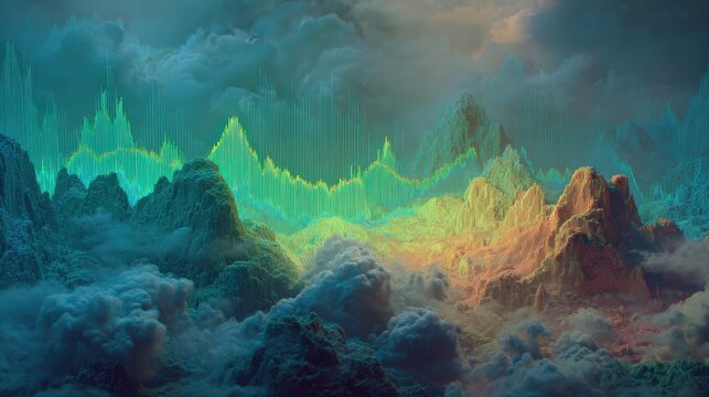Digital frequency visualizations rise above a dramatic, foggy mountain landscape