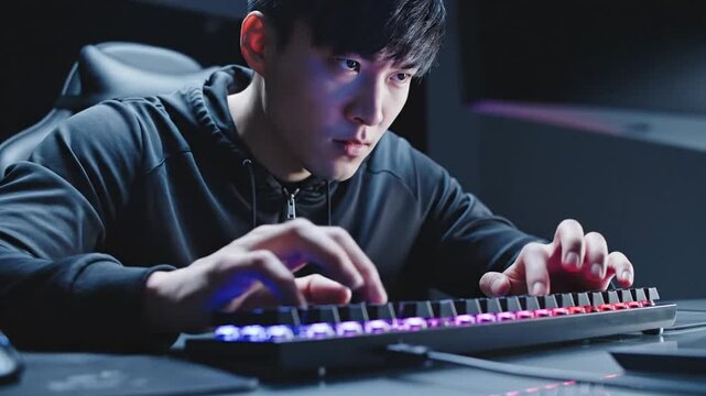 Intense Gamer's Hands Rapidly Type on Vibrant RGB Mechanical Keyboard in Dark Room, Focused on Screen