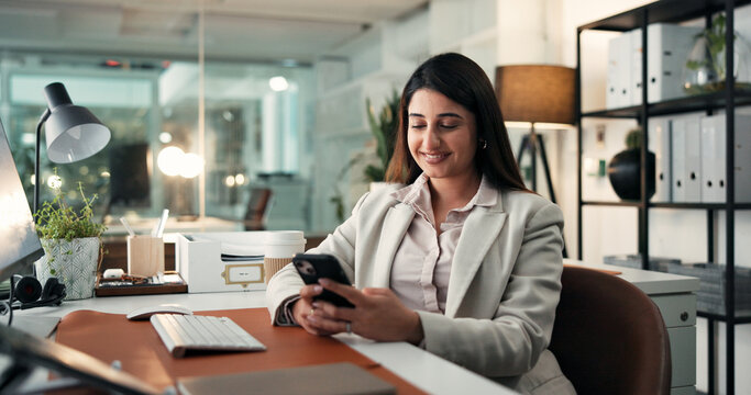 Happy, woman and online with smartphone, office and communication with contact on break and texting. Typing, message and person with mobile for digital chat, employee and networking on social media
