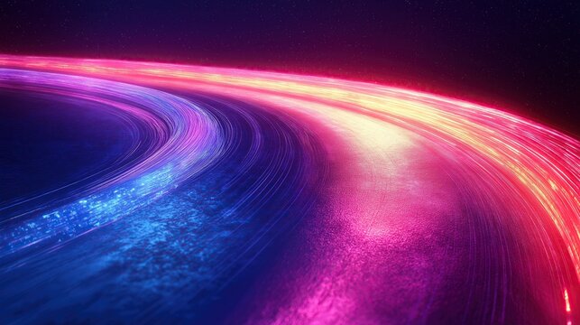 Abstract colorful light trails on the road in space background for digital technology and speed concept