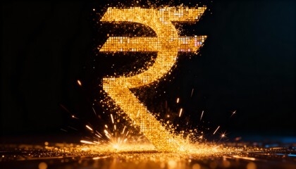 Golden Indian Rupee Symbol with Sparkling Particles on Dark Background