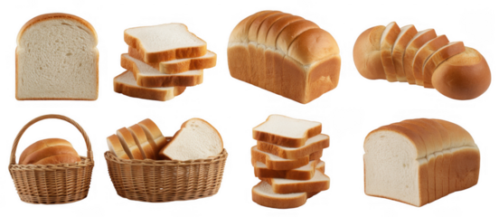 Baked bread slices loaves and basket isolated on a transparent background