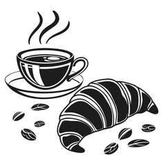 Stylized black and white illustration of a steaming cup of coffee next to a croissant and coffee beans