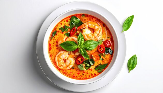 Vibrant Red Curry Shrimp Soup with Fresh Basil and Chili Garnishes in a White Bowl Studio Shot Overhead View