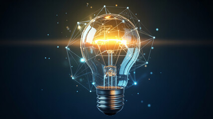 Glowing light bulb with digital network connections and bright filament image