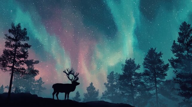 Magical reindeer silhouette under glowing northern lights in a calm winter forest. Dreamy aurora night sky with stars, perfect for Christmas prints, fantasy art, and serene holiday design. - Powered by Adobe