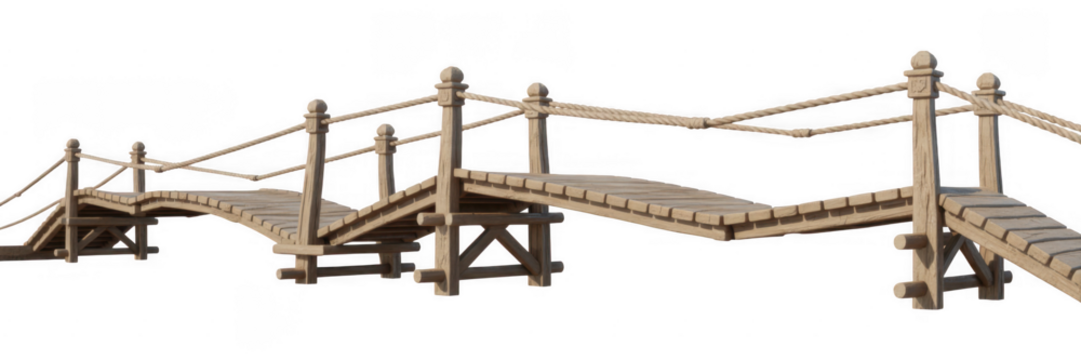 Wooden footbridge with rope railings isolated on a transparent background