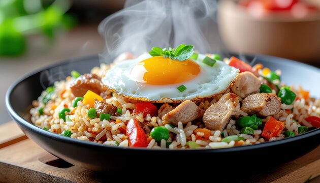 Delicious chicken fried rice with a fried egg, a culinary masterpiece presented on a black bowl