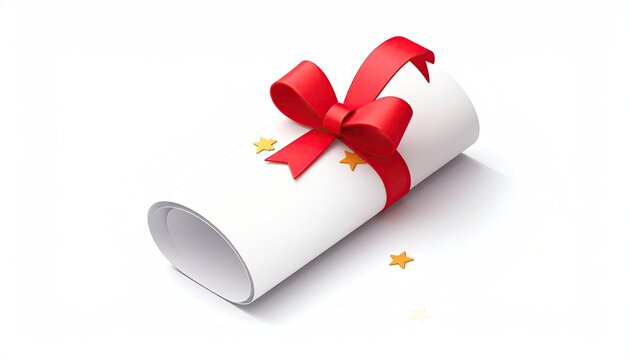 Scroll tied with red ribbon, golden stars, white surface - Powered by Adobe