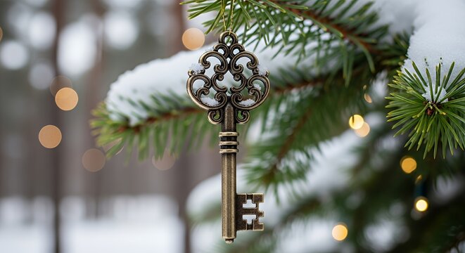 Antique brass skeleton key ornament with intricate filigree, hanging from a snow-covered pine branch outdoors. Magic winter holiday decor with bokeh lights.