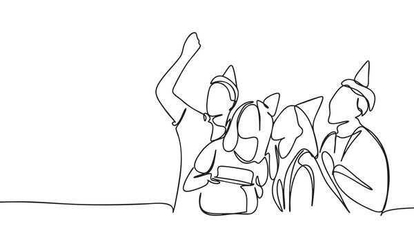 Continuous Line Drawing of Joyful People Celebrating with Party Hats - Powered by Adobe