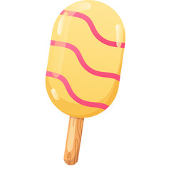 Yellow popsicle with pink stripes on a wooden stick isolated on white background a sweet frozen treat on a summer day