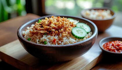 Delicious Nasi Goreng Served in Rustic Bowls with Fresh Cucumber Garnish