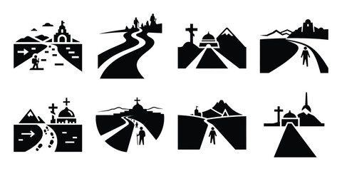pilgrimage route silhouette vector icon set