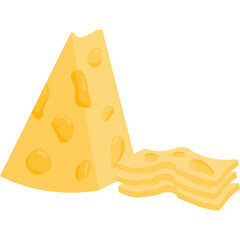 Yellow Swiss Cheese Wedge and Slices with Holes on White Background
