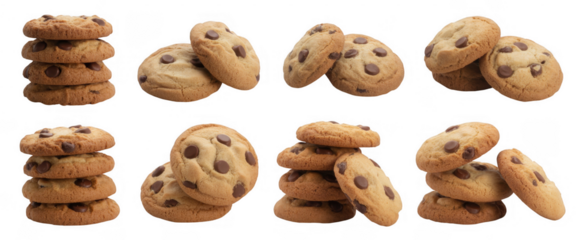 Chocolate chip cookies stacked and scattered isolated on a transparent background