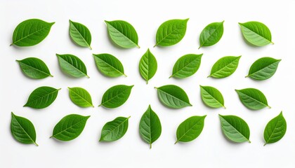 Green leaves isolated on white background close up of fresh green leaves set against clean pristine white backdrop ideal for design elements