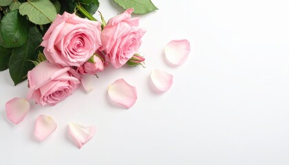 Pink roses and petals on white elegant pink roses with delicate petals adorn pristine white background beautiful floral imagery
