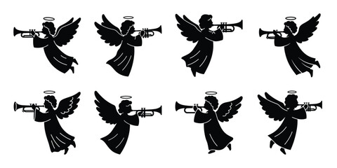 angel with trumpet silhouette vector icon set