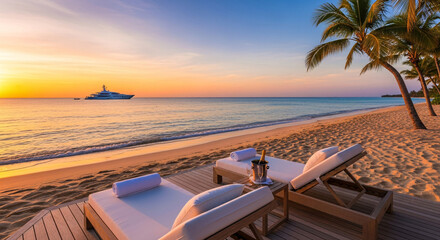 Beachfront relaxation scene with lounge chairs ocean and sunset sky view