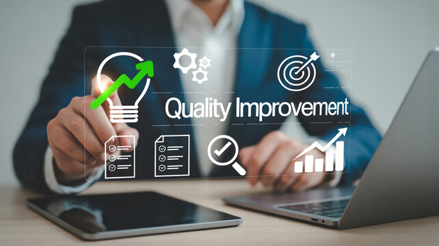 Professional business digital interface with quality improvement icons lightbulb