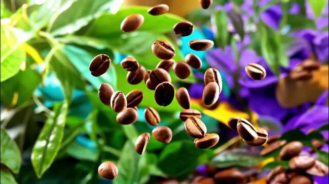 Dynamic Coffee Beans Falling Amid Vibrant Botanical