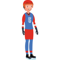 Young Ice Skater Wearing A Red Helmet Blue Jersey With White Number Five And Red Skirt And Blue Pants Standing On Ice Skates And Skater Uniform With Red Gloves And Orange Goggles