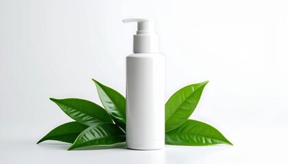 Skincare lotion bottle with fresh green botanical leaves elegant skincare lotion bottle highlighted by lush green botanical leaves symbolizing natural beauty