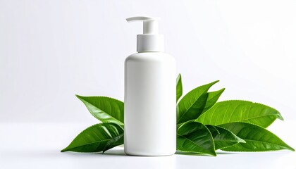 Natural skincare lotion bottle adorned with fresh green leaves skincare lotion bottle with lush green leaves highlighting natural and botanical ingredients