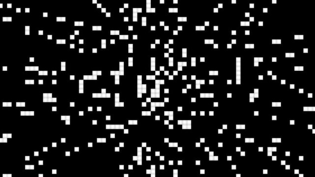 Abstract digital background with white square pixels scattered across a solid black surface, representing data, technology, or glitch art, creating a modern pattern.