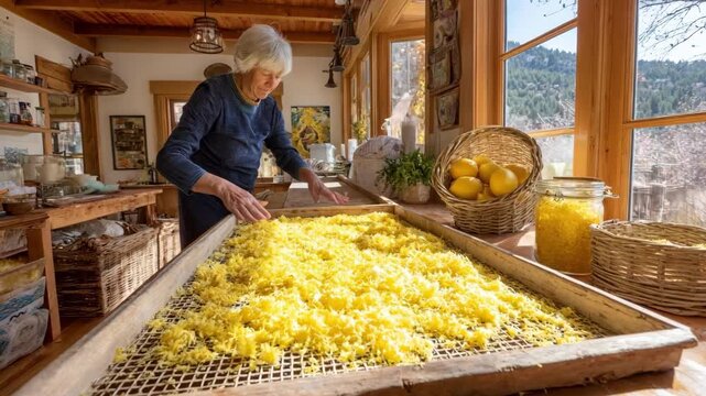 Medium shot of lemon zest being spread evenly on a drying rack in a sunny kitchen to naturally preserve and intensify the citrus flavor.