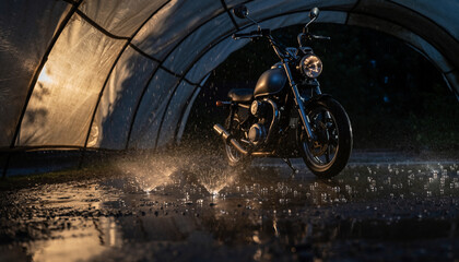 Motorcycle parked under a shelter during a rain shower.