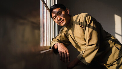 Man in uniform leaning against window with sunlight and shadows.