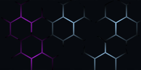 Dark hexagon abstract technology background with blue and pink colored bright flashes under hexagon. Hexagonal gaming vector abstract tech background.