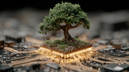 Tree growing from a computer chip represents technology and nature integration