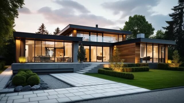 Modern luxury home at dusk, captured from a low-angle, showcasing sleek architecture and warm lighting. Ideal for real estate video promotions. Live desktop wallpaper.