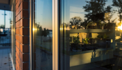 Brick wall and glass windows reflect sunset and plants.
