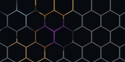 Obraz premium Dark hexagon abstract technology background with blue and pink colored bright flashes under hexagon. Hexagonal gaming vector abstract tech background.
