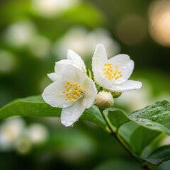 Delicate white jasmine blossoms with green foliage