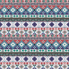 Colorful seamless Aztec tribal pattern. Blue, red, and lilac stripes on a white background.
