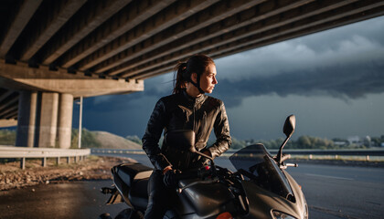 Woman on motorcycle under bridge with stormy sky.