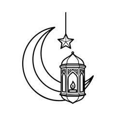 Islamic crescent moon and star lantern with flame