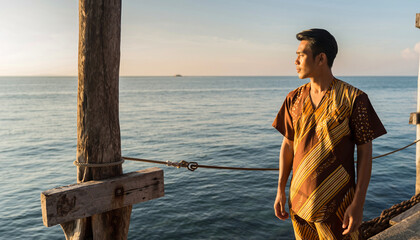 Man in patterned clothing stands by the ocean at sunset.