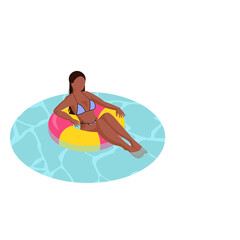 Woman Relaxing In A Swim Ring Floating On Clear Blue Water Enjoying Summer Vacation Outdoors With Sunlit Ripples And A Bright Multi Colored Floatation Device