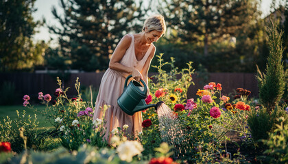 Woman watering colorful flowers in a garden at sunset.