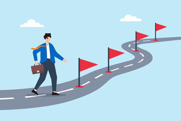Obraz premium Flat illustration of businessman walking on winding roadmap with milestone flags representing career journey success path goal achievement and personal growth
