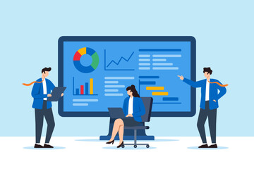 Flat illustration of business team analyzing charts and graphs on computer monitor with dashboard interface showing project planning financial review and data research statistics © VZ_Art