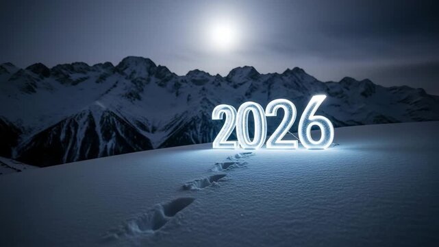 Glowing 2026 numbers illuminate snowy mountain landscape at dusk with moonlit peaks and